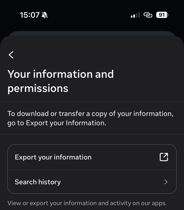 The Your information and permissions screen in Accounts Center, with Export your information at the top