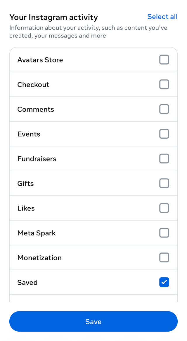 The Your Instagram activity screen with a list of categories and only Saved ticked