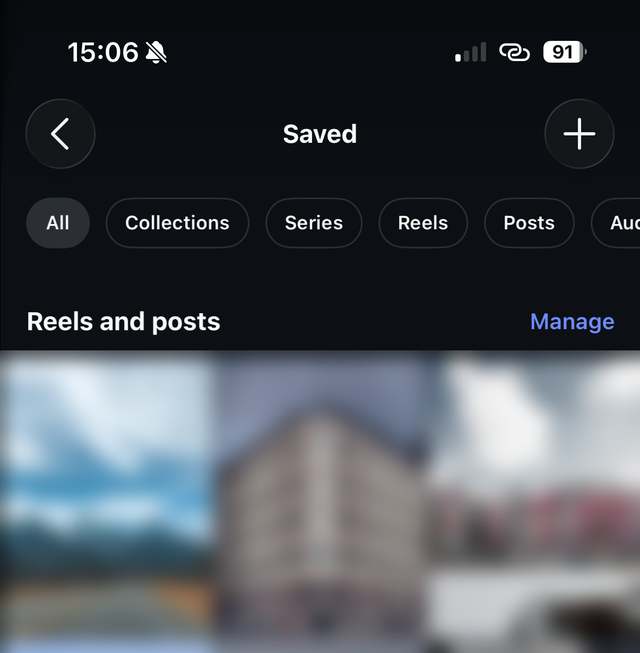 The Instagram Saved screen: a filter row across the top and no search field anywhere