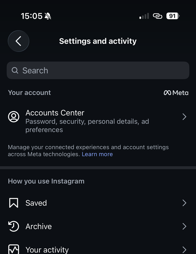 The Instagram Settings and activity screen, with Saved listed first under the heading How you use Instagram